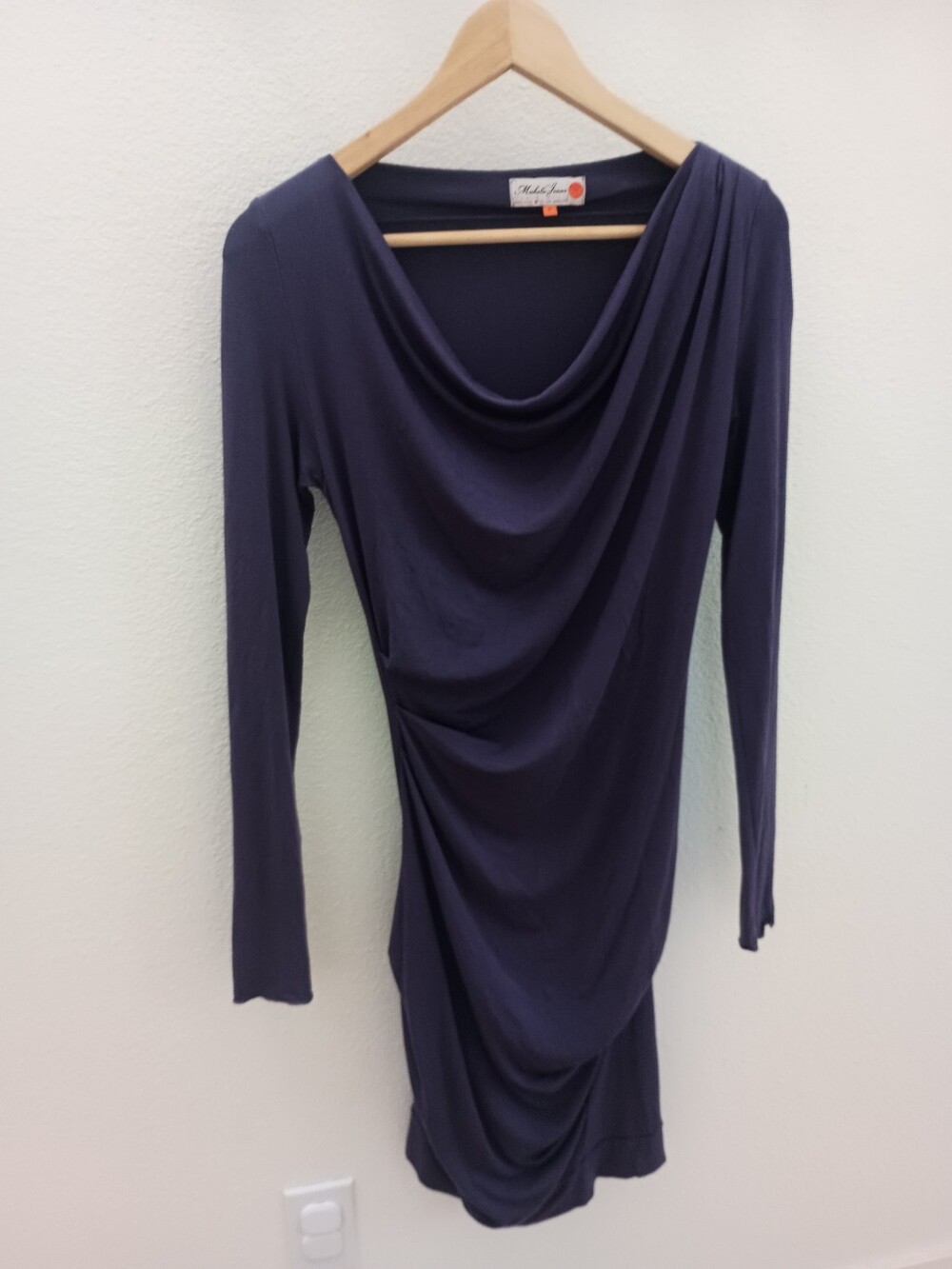 Michelle Jonas Travelwear Draped Ruched Mock Neck Midi Dress Purple Size P